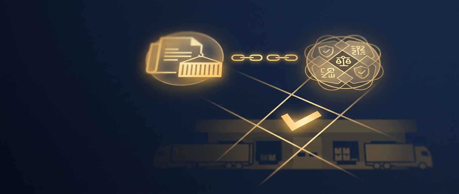 Concept of carrier identity verification against a government registry before a freight load is released at the dock, shown in navy and gold