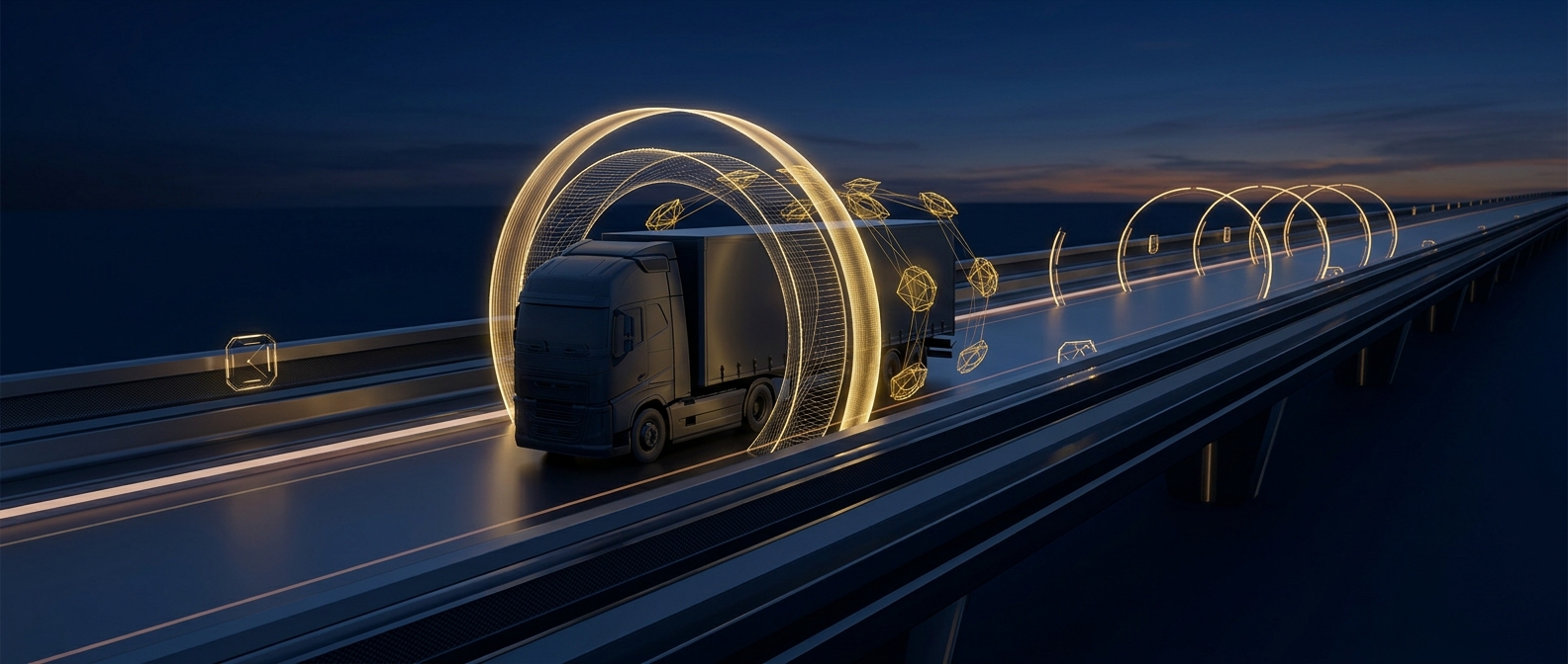 Conceptual freight corridor showing a tractor-trailer inside a layered protective tracking and escort ring in navy and gold