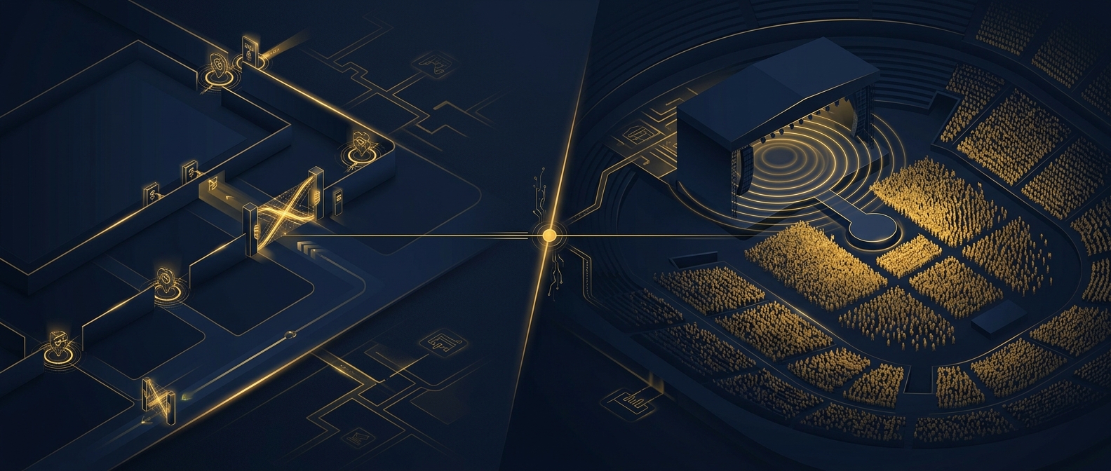 Concept split between a film production soundstage with access-control gates and a touring concert stage with security perimeter rings, connected by a single command line in navy and gold
