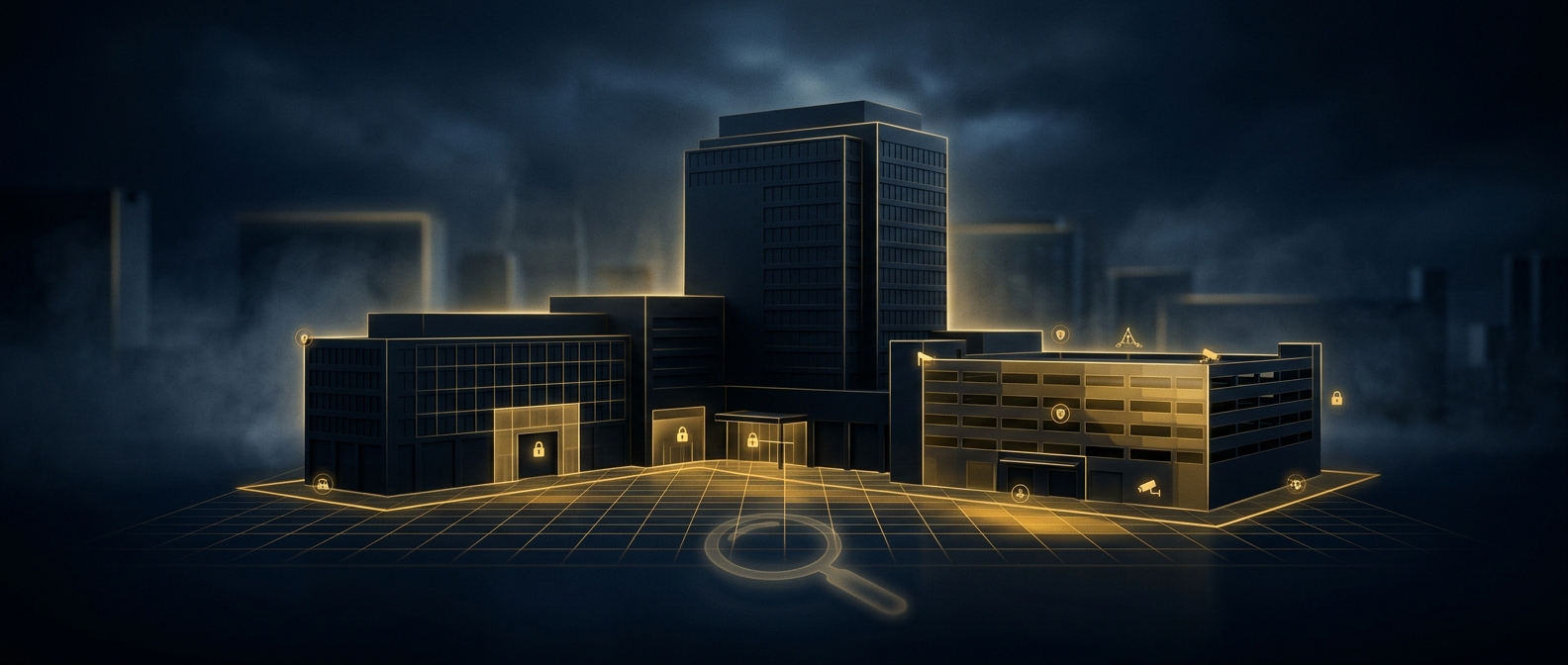 Conceptual illustration of a commercial property security assessment overlaying a risk-matrix scan on a building's access points and perimeter in navy and gold