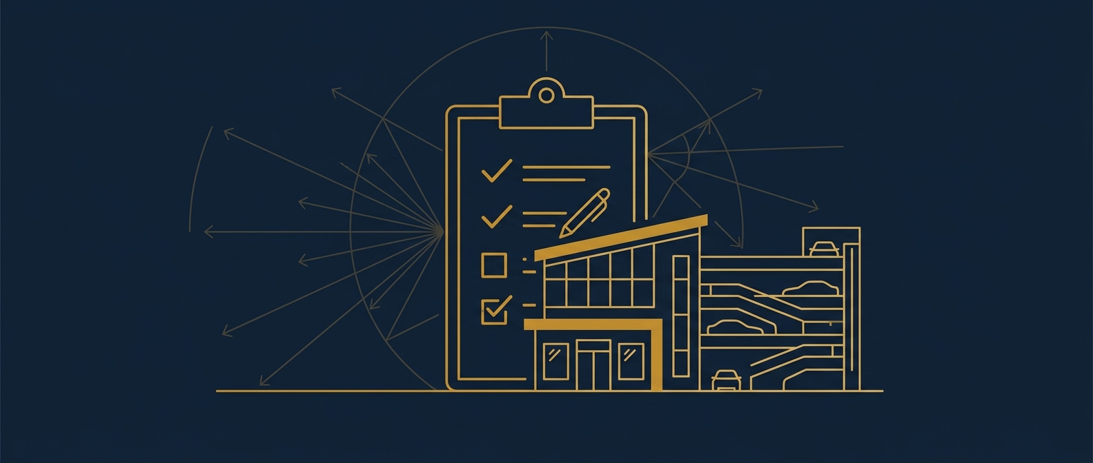 Conceptual illustration of a security assessor's inspection checklist overlaying a commercial building's access points and parking structure in navy and gold