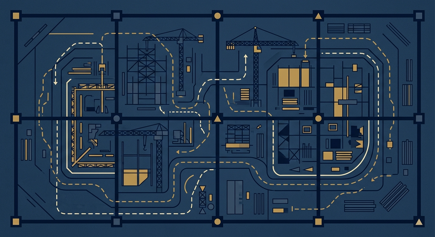 Abstract navy and gold overhead diagram of construction site guard posts and patrol routes