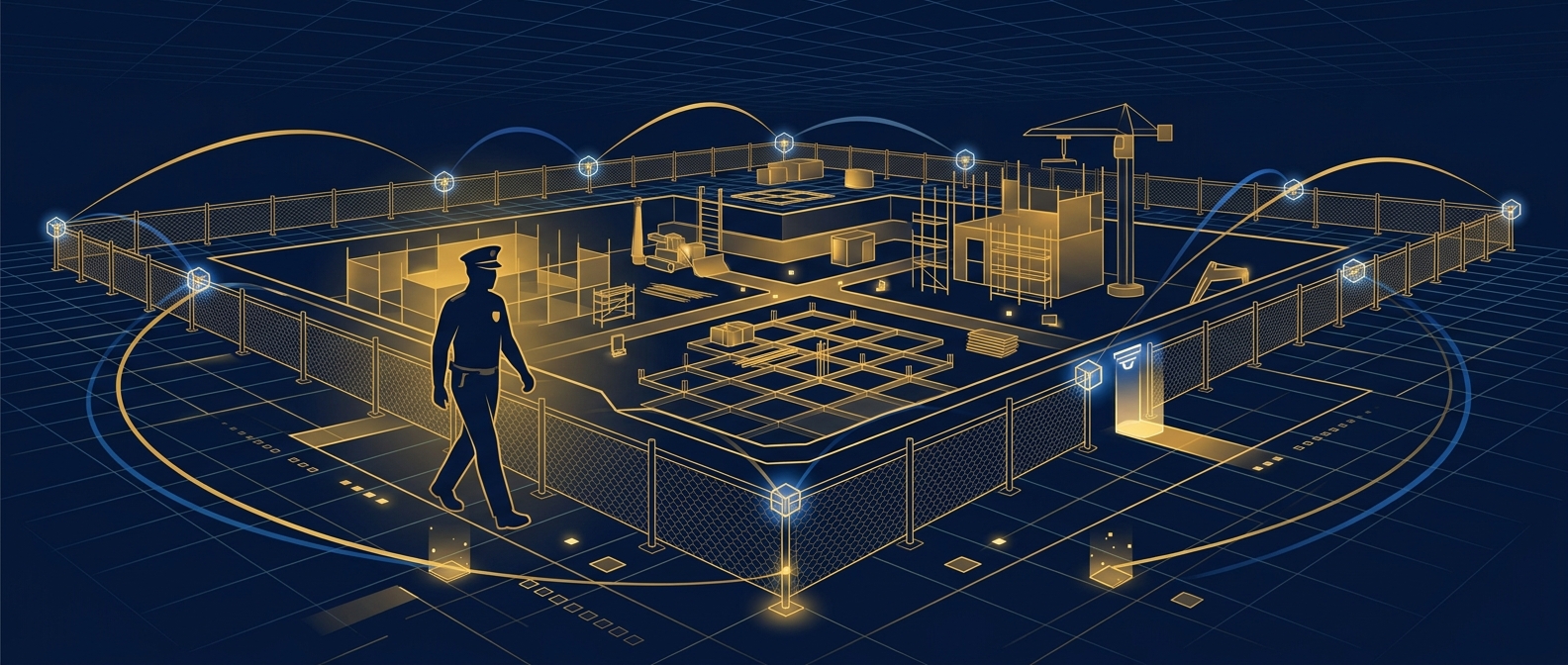 Abstract navy and gold conceptual banner of a uniformed guard patrolling a construction site perimeter at night