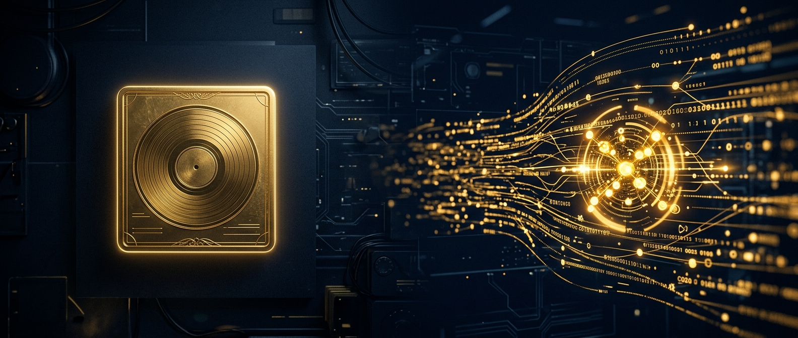 Conceptual illustration contrasting a single static background check record with an ongoing continuous monitoring data stream, in navy and gold