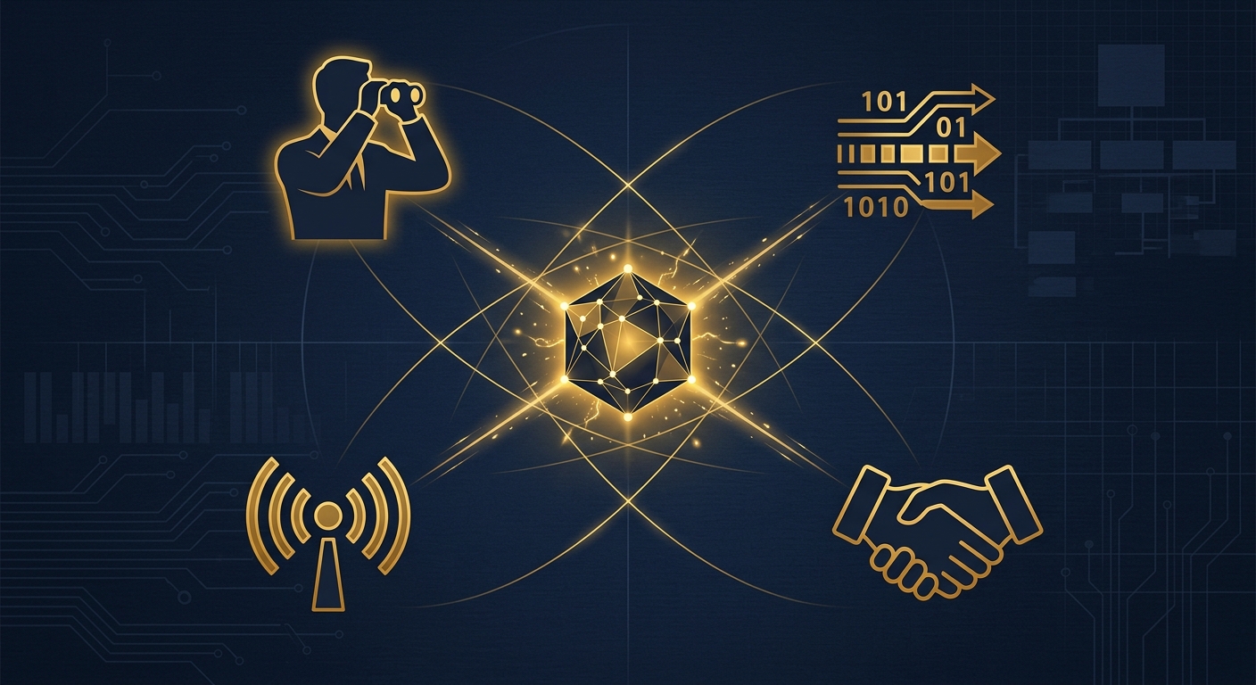 Conceptual illustration of overlapping detection vectors converging on a central threat node in navy and gold