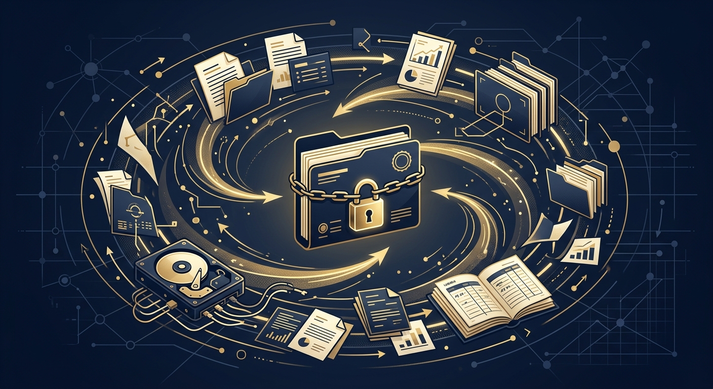 Navy and gold conceptual illustration of evidence fragments converging into a sealed corporate investigation case file