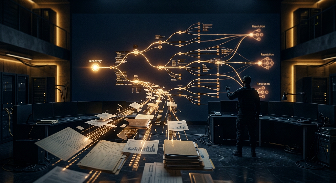 Navy and gold conceptual illustration of a corporate fraud investigation decision path branching from discovery to resolution