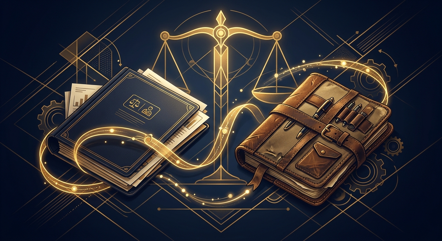 Conceptual navy and gold illustration comparing an in-house HR review with an outside licensed investigator's case file, connected by a chain-of-custody ribbon