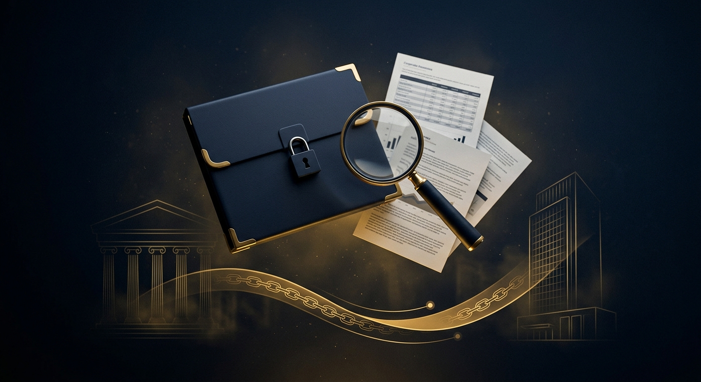Conceptual corporate investigations image showing a locked case file, magnifying glass over documents, and courthouse and corporate tower silhouettes in navy and gold