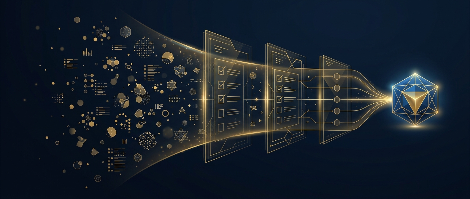 Vendor evaluation decision funnel concept narrowing scattered monitoring options into one validated program in navy and gold