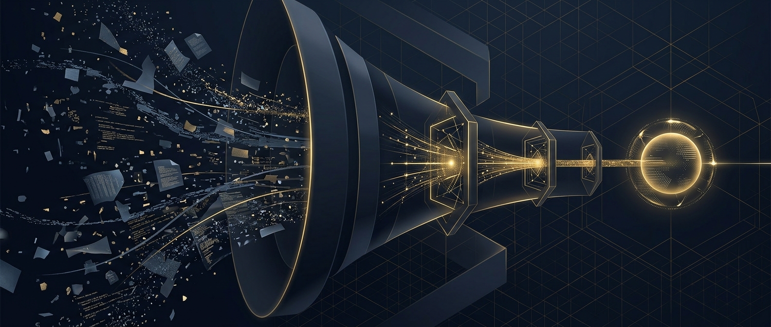 Business dark web monitoring buyer's guide concept showing vendor evaluation funnel narrowing into a validated program in navy and gold