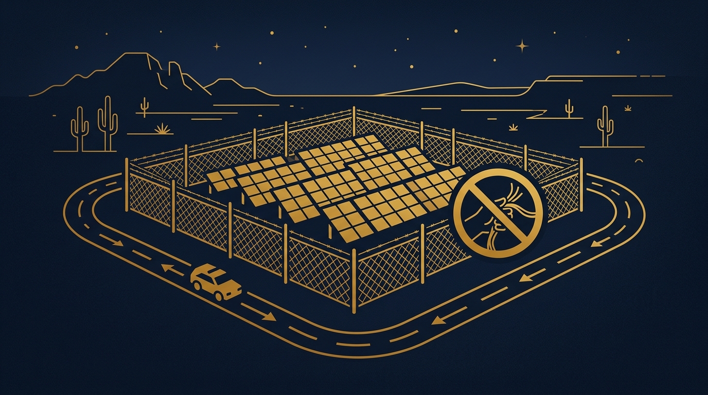 Mobile patrol route around a fenced solar array perimeter with a theft-prevention symbol, in navy and gold