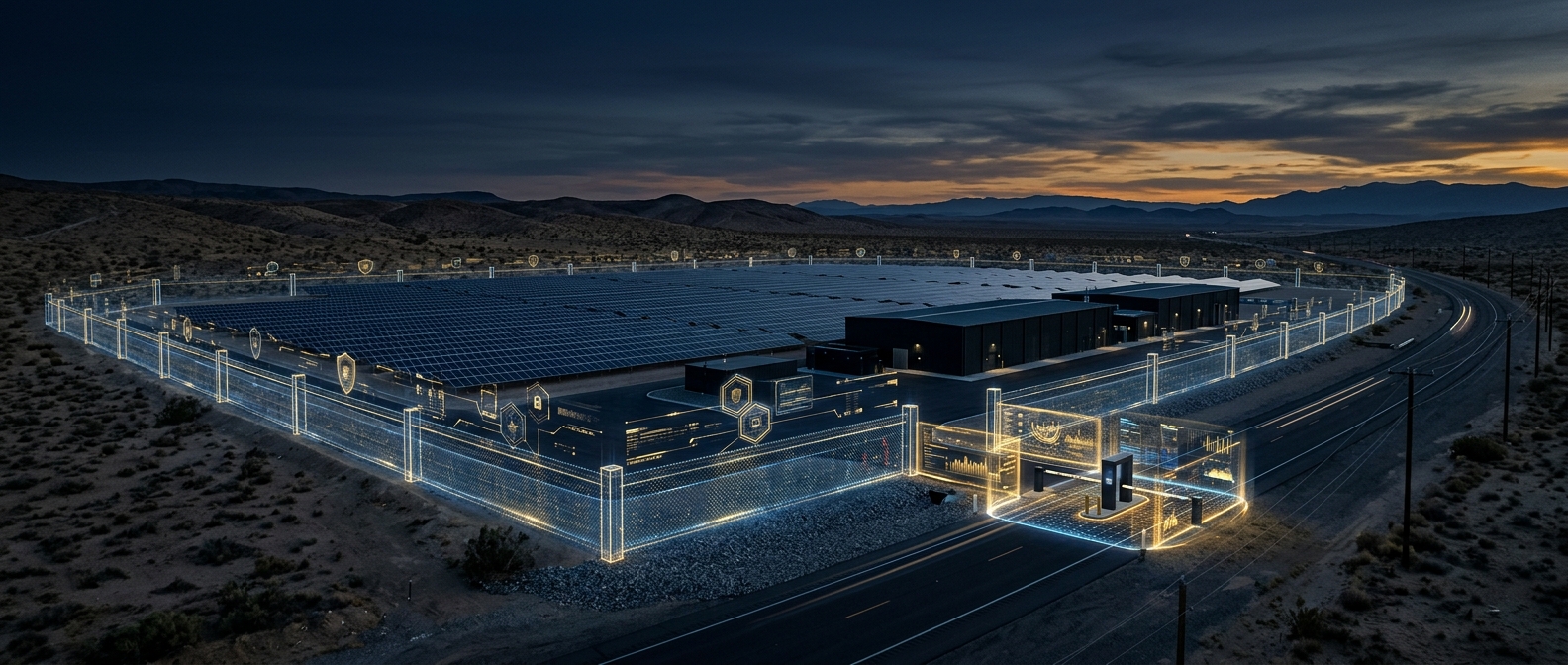Concept of perimeter and access-control security protecting a Pinal County data center and solar farm along the I-10 corridor, in navy and gold