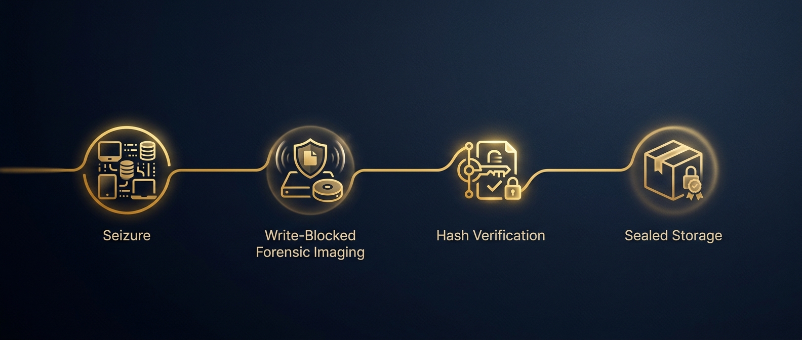 Evidence timeline showing forensic imaging, hash verification, and sealed storage stages in navy and gold