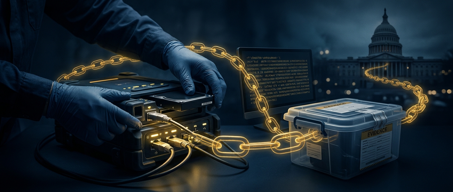Forensic examiner imaging a hard drive with a write-blocker as part of a documented chain of custody