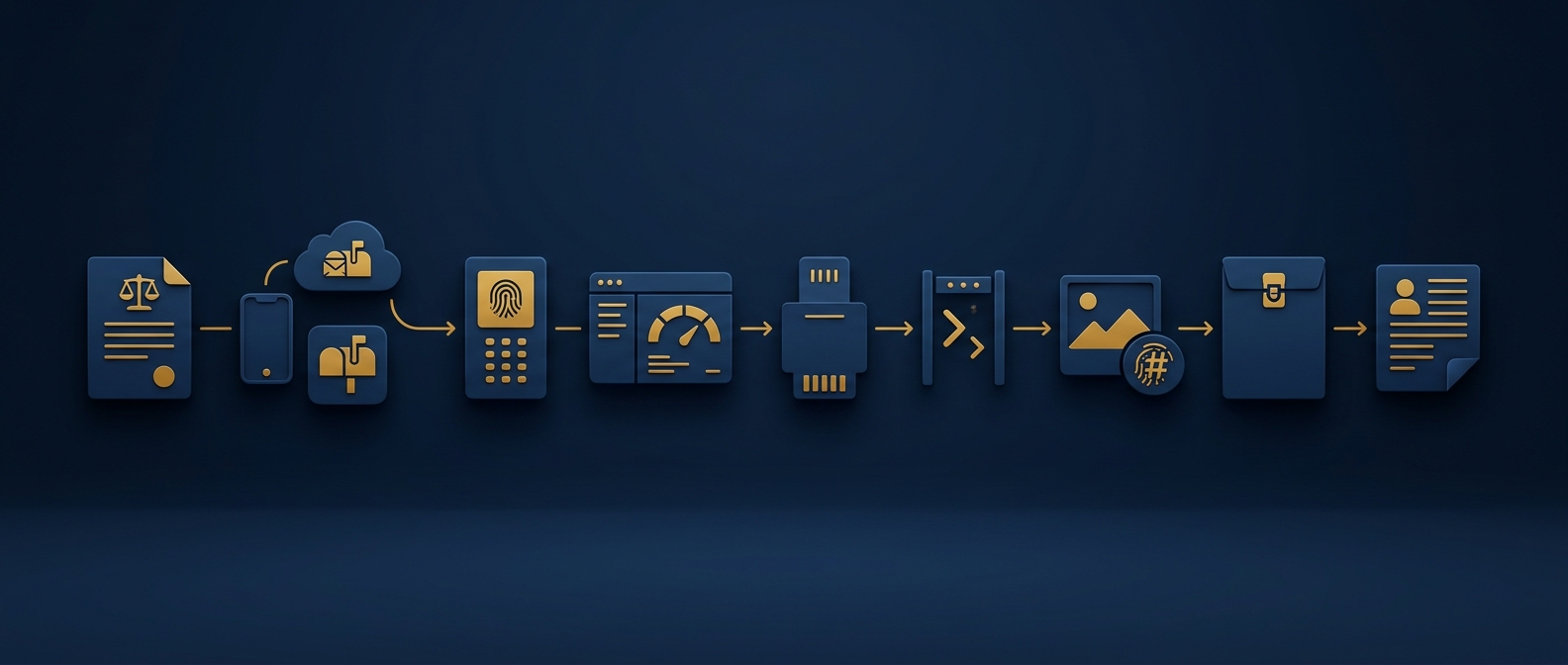 Digital forensics evidence workflow from legal hold through mobile, cloud, and industrial-system collection, write-blocked imaging, hash verification, and sealed evidence to expert report in navy and gold