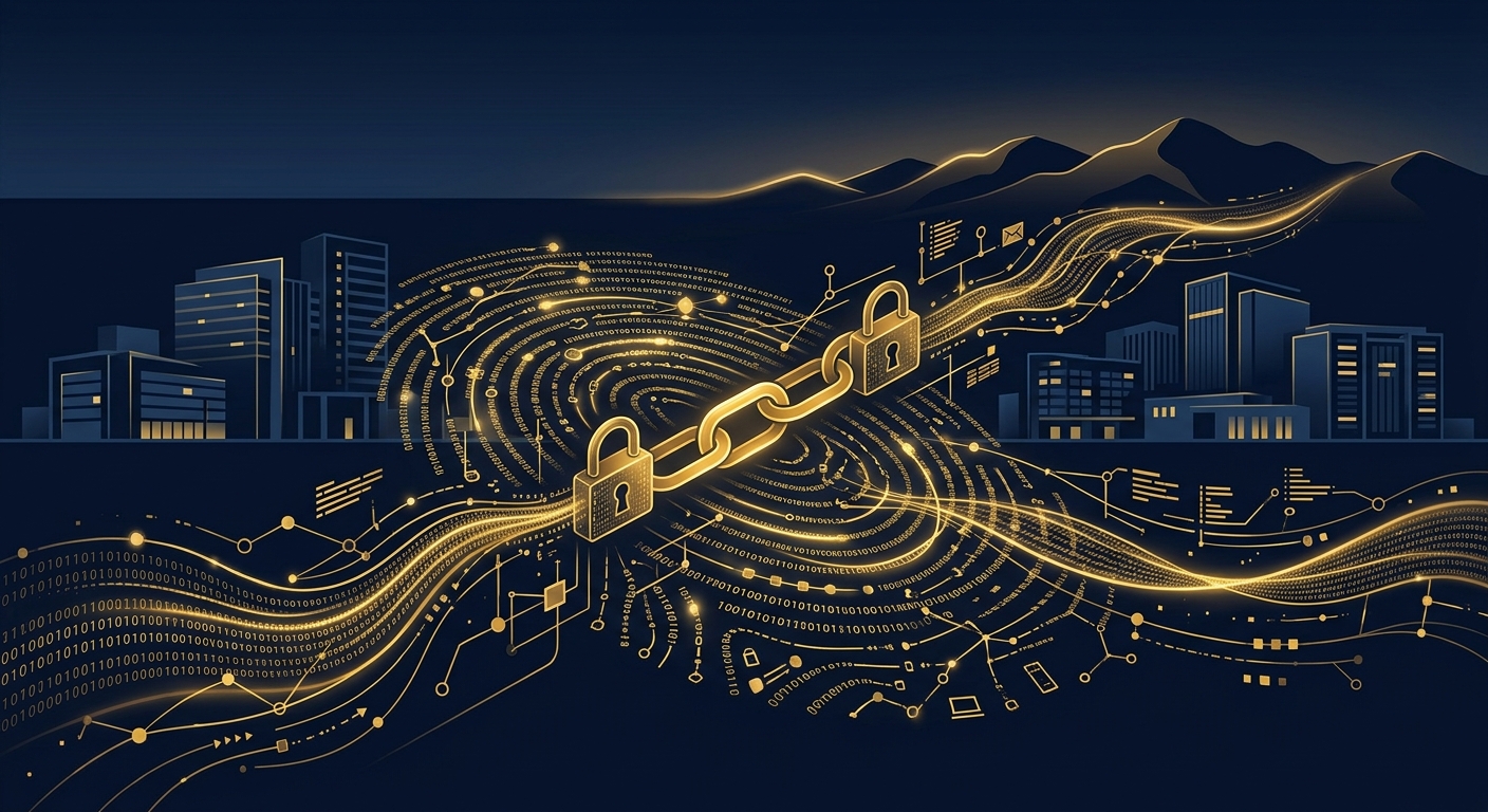Conceptual navy and gold digital forensics graphic over a stylized Chandler Arizona skyline