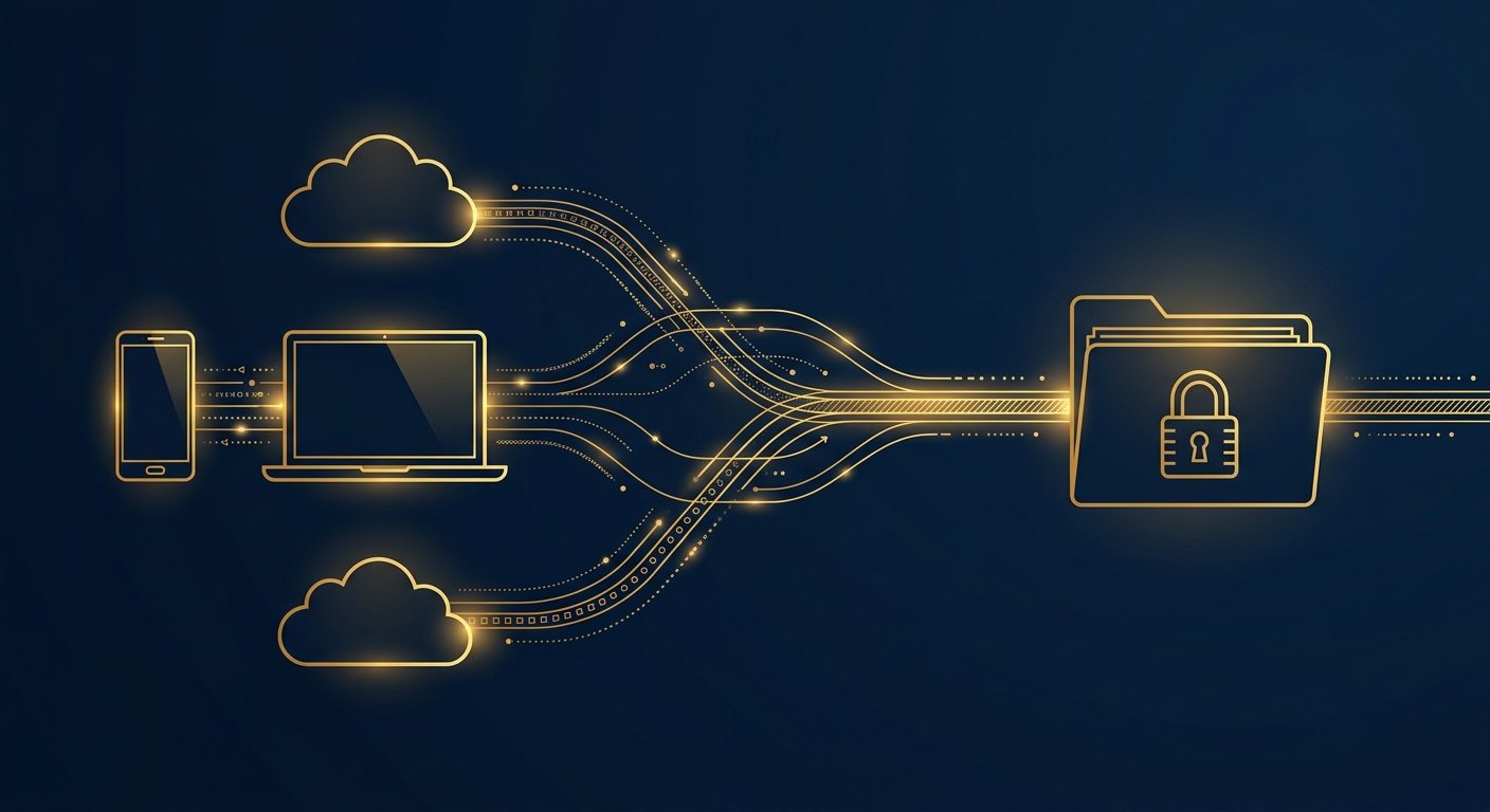 Navy and gold conceptual diagram showing mobile, computer, and cloud data converging into a sealed digital evidence file