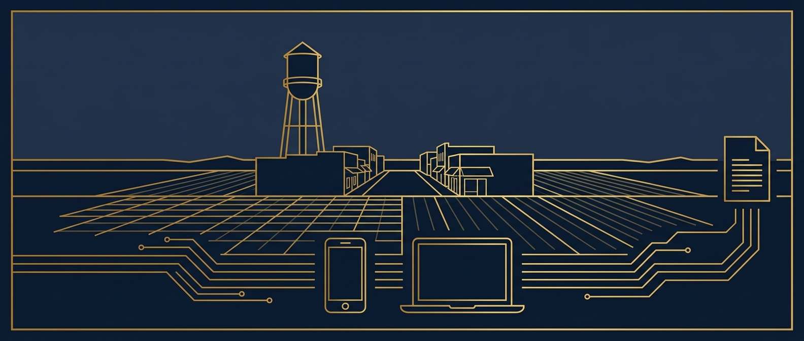 Abstract navy and gold conceptual illustration of Gilbert Arizona's Heritage District water tower and farmland grid with digital evidence data-trace lines