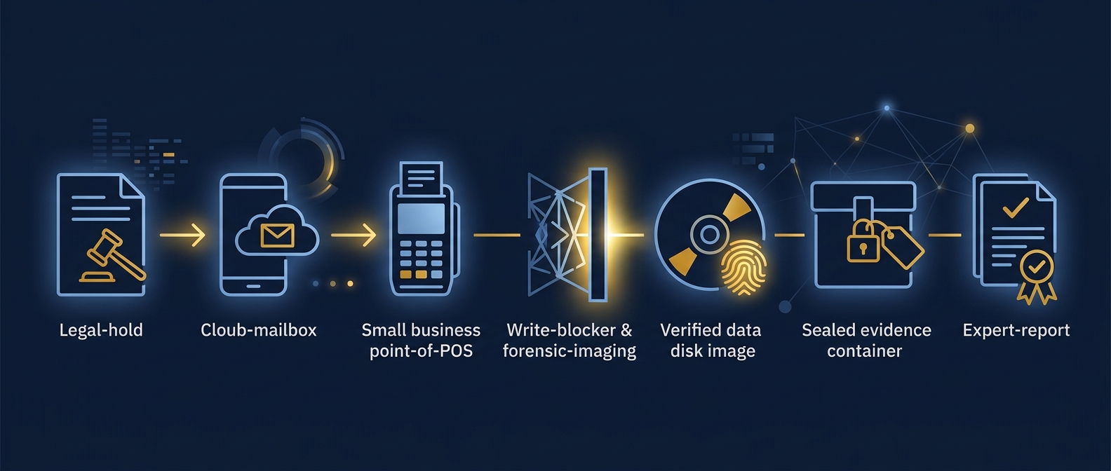 Digital evidence workflow from legal hold through mobile, cloud, and point-of-sale collection, imaging, hash verification, and sealed evidence to an expert report in navy and gold