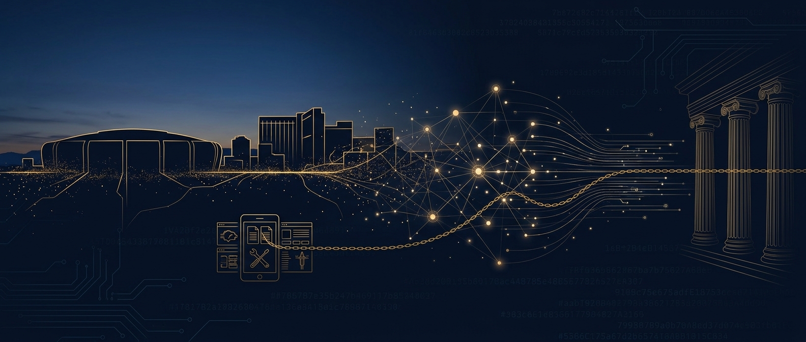 Abstract Glendale Arizona skyline with a stadium roofline dissolving into digital evidence nodes linked by a gold chain of custody to a courthouse, navy and gold