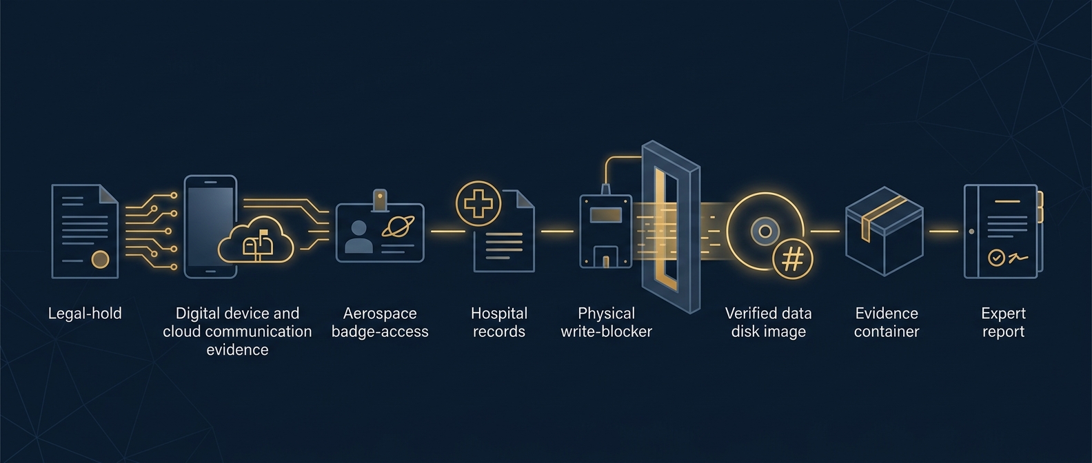 Digital evidence workflow from legal hold through mobile, cloud, aerospace access-log, and hospital-record collection, imaging, hash verification, and sealed evidence to an expert report in navy and gold