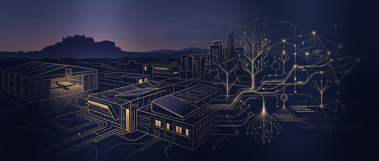 Mesa Arizona skyline with Superstition Mountains, an aerospace hangar and data-center campus dissolving into glowing forensic data trees and timelines in navy and gold