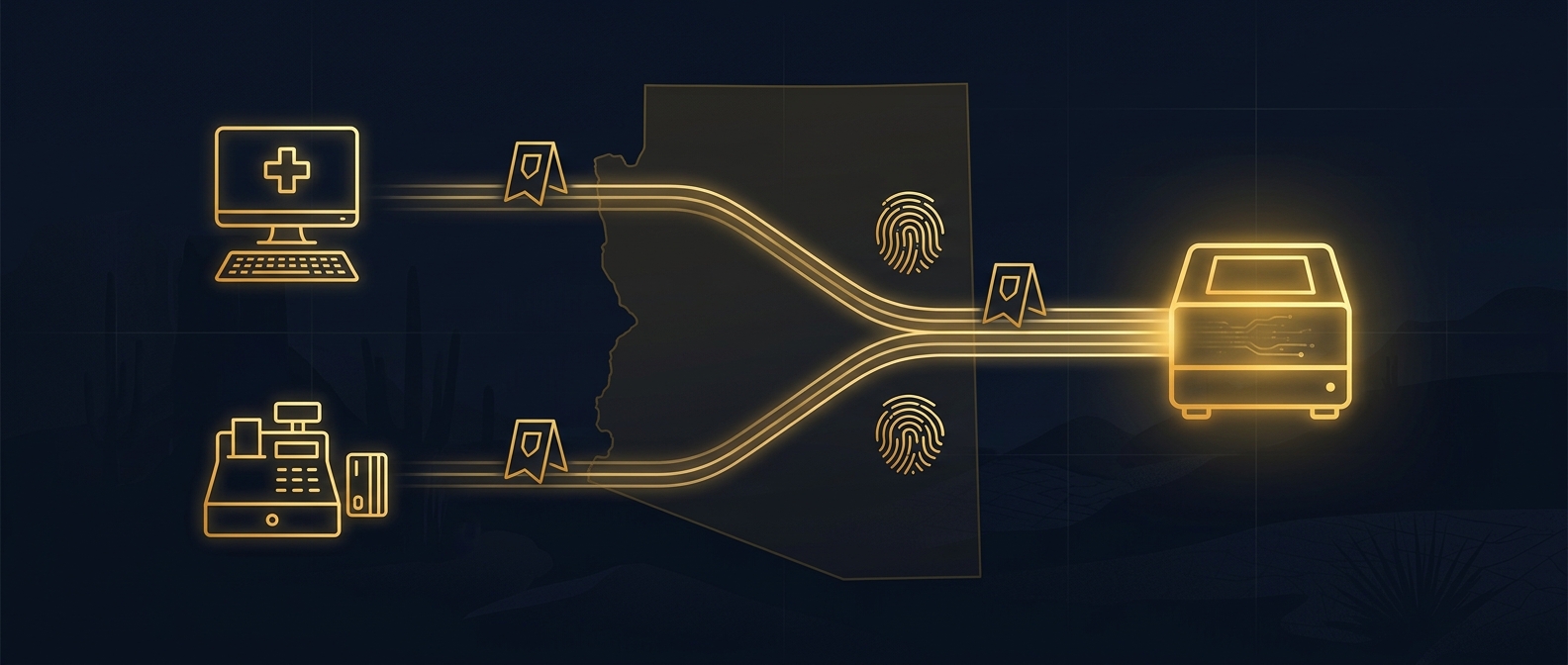 Chain-of-custody digital forensics workflow concept for a Peoria, Arizona healthcare and retail data investigation in navy and gold
