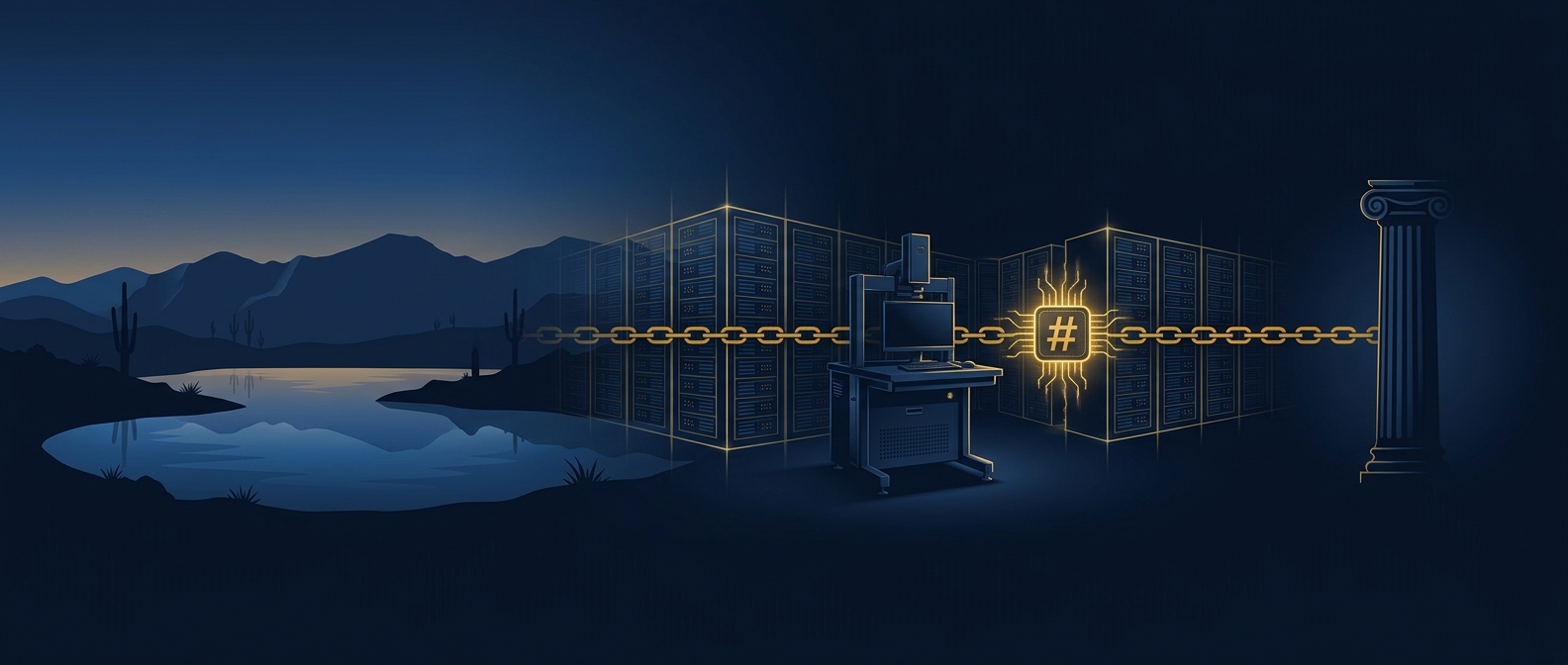 Peoria, Arizona desert ridgeline dissolving into forensic server racks and a hash-verification chain-of-custody line in navy and gold