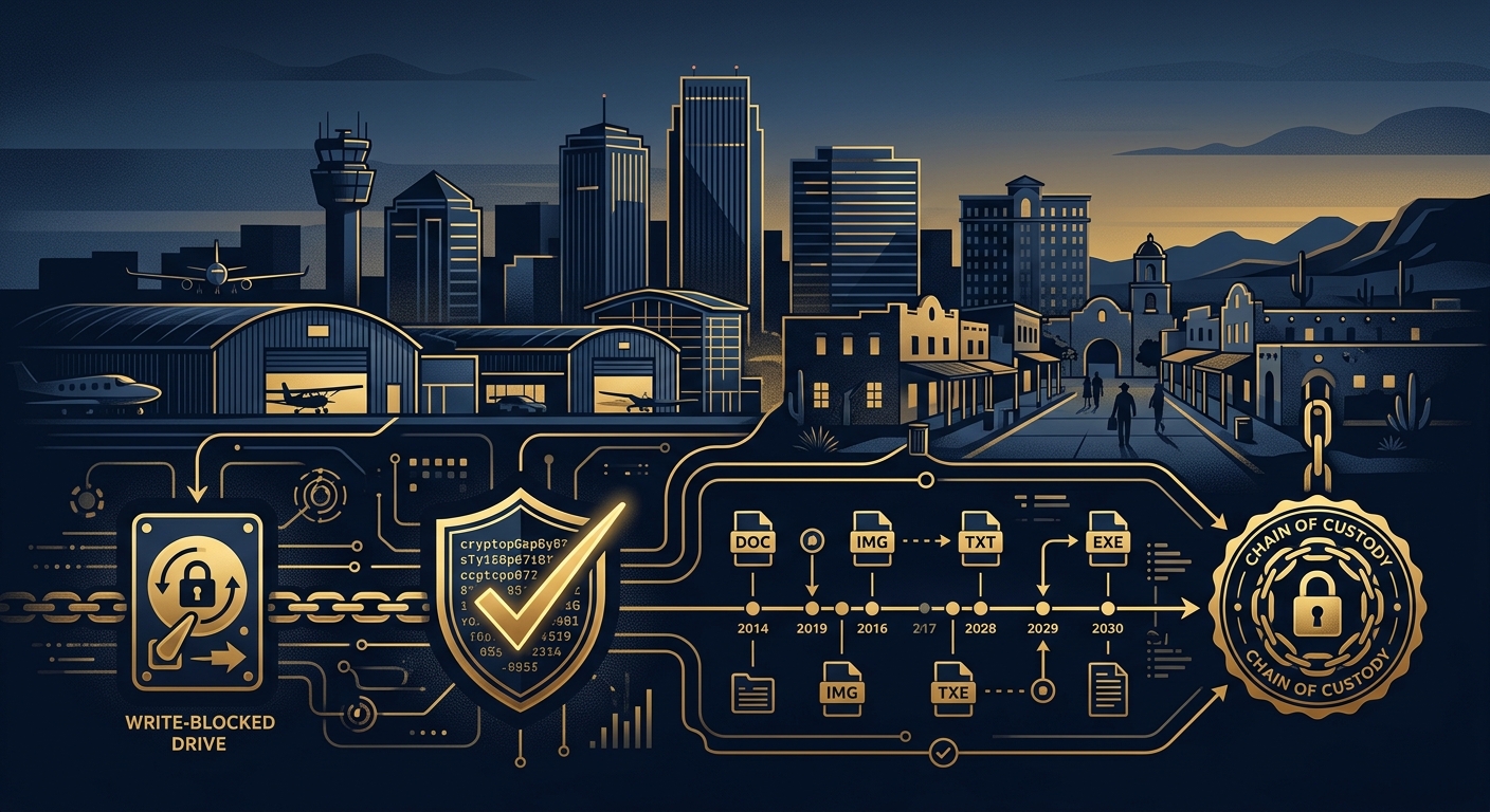 Conceptual digital-forensics evidence chain over a stylized Scottsdale Airpark and Old Town skyline, dark navy and gold
