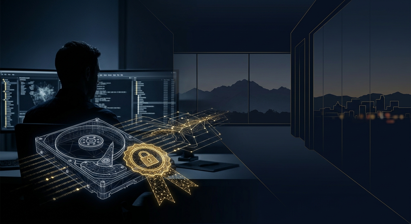 Conceptual digital forensics evidence scene over the Scottsdale Airpark corporate corridor in navy and gold