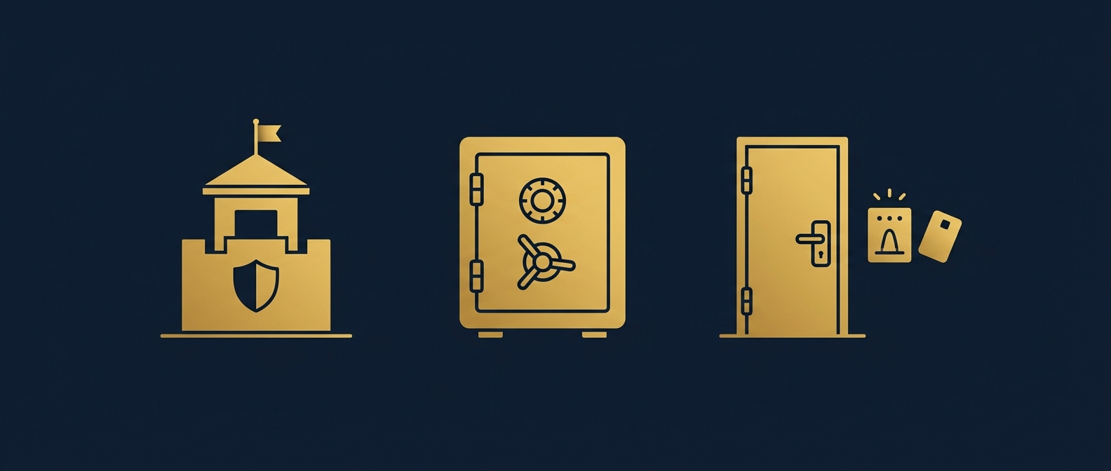 Dispensary vault, access-control door, and guard-post concept for cannabis security in navy and gold