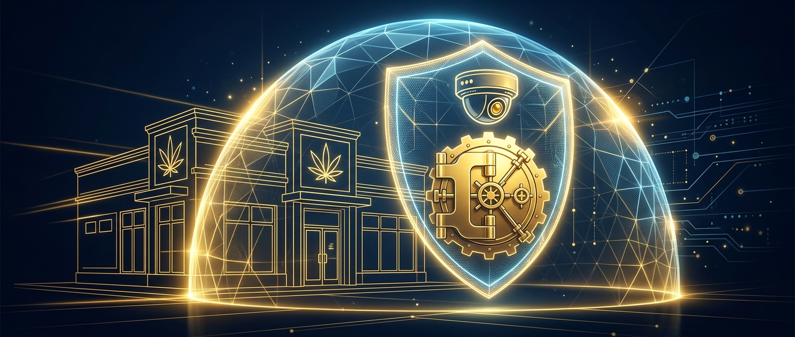 Concept of compliant Arizona dispensary security with a shield, vault, and surveillance camera in navy and gold