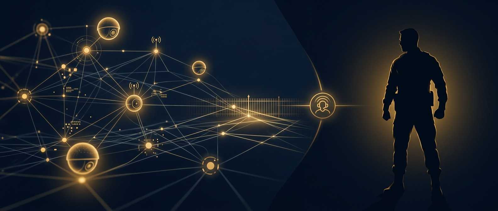 Conceptual comparison of estate security technology sensor network versus guard presence converging on a shared perimeter in navy and gold