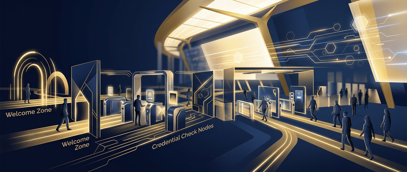 Abstract navy and gold conceptual diagram of layered venue entrance checkpoints and credentialing zones