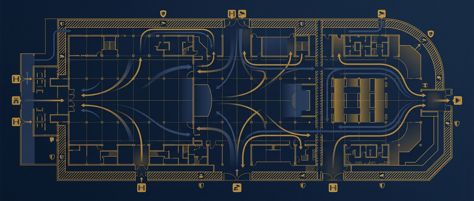 Abstract navy and gold conceptual overhead diagram of an event venue security plan with checkpoints and crowd flow