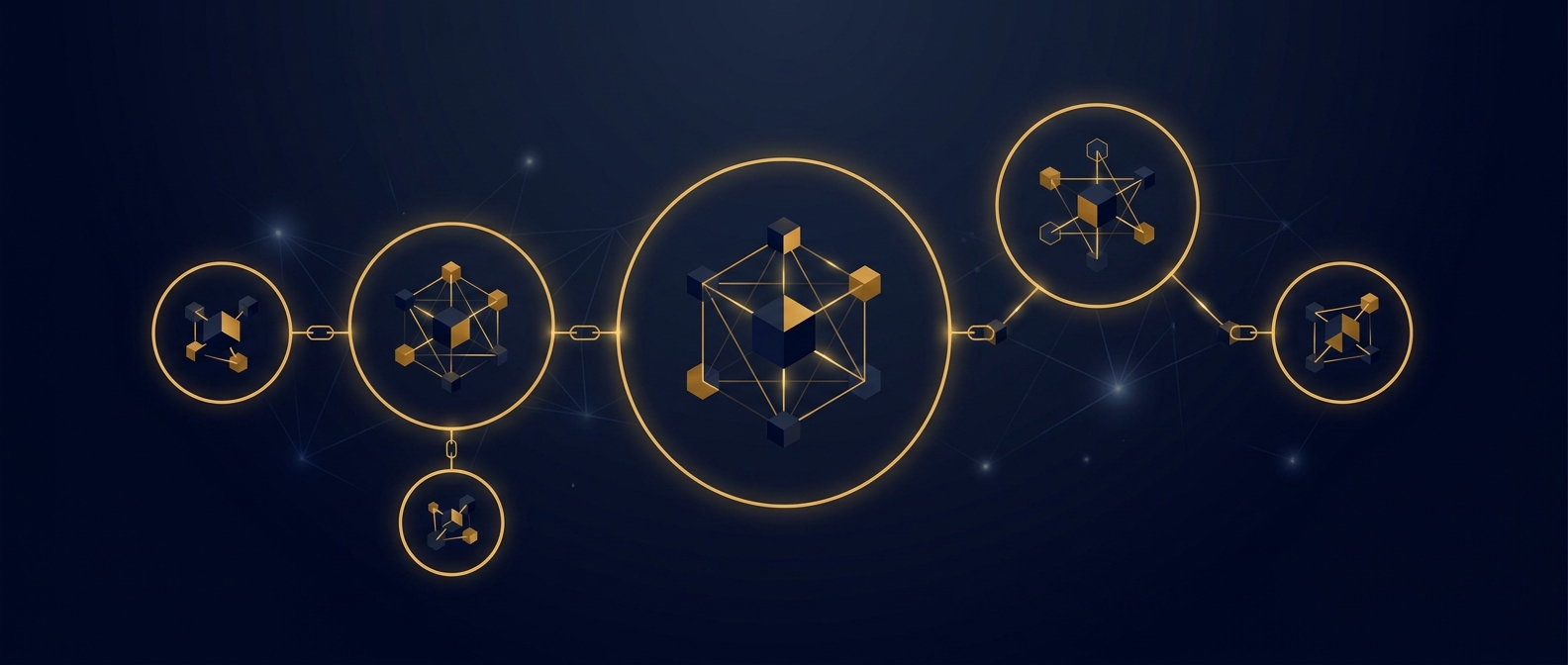Abstract illustration of connected family node clusters each enclosed by a protective ring, symbolizing family digital-privacy hardening, dark navy and gold