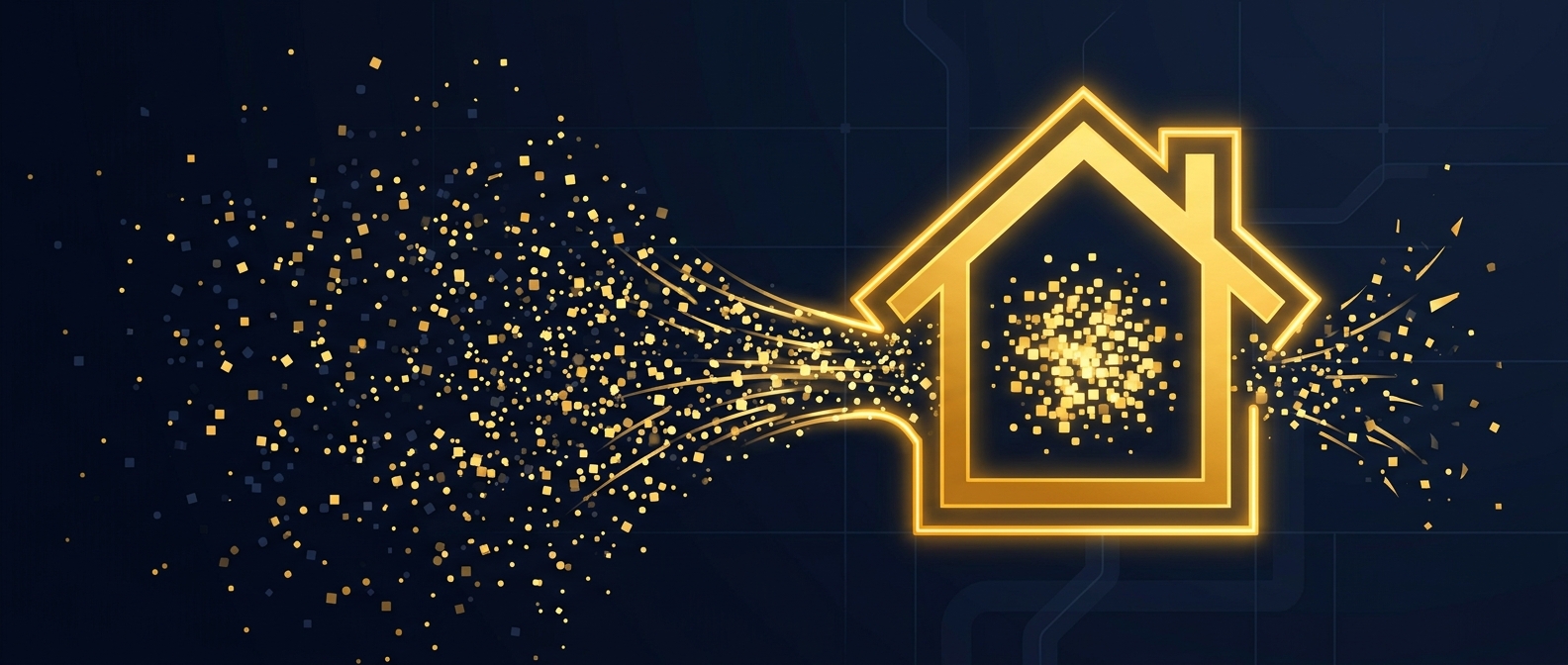 Abstract illustration of scattered data particles being sealed behind a protective perimeter around a house icon, symbolizing digital footprint reduction, dark navy and gold