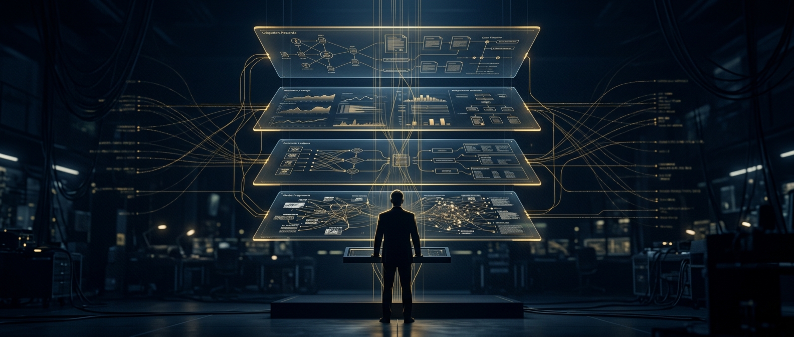 Executive-level background check concept showing layered litigation, regulatory, financial, and media screening categories in navy and gold