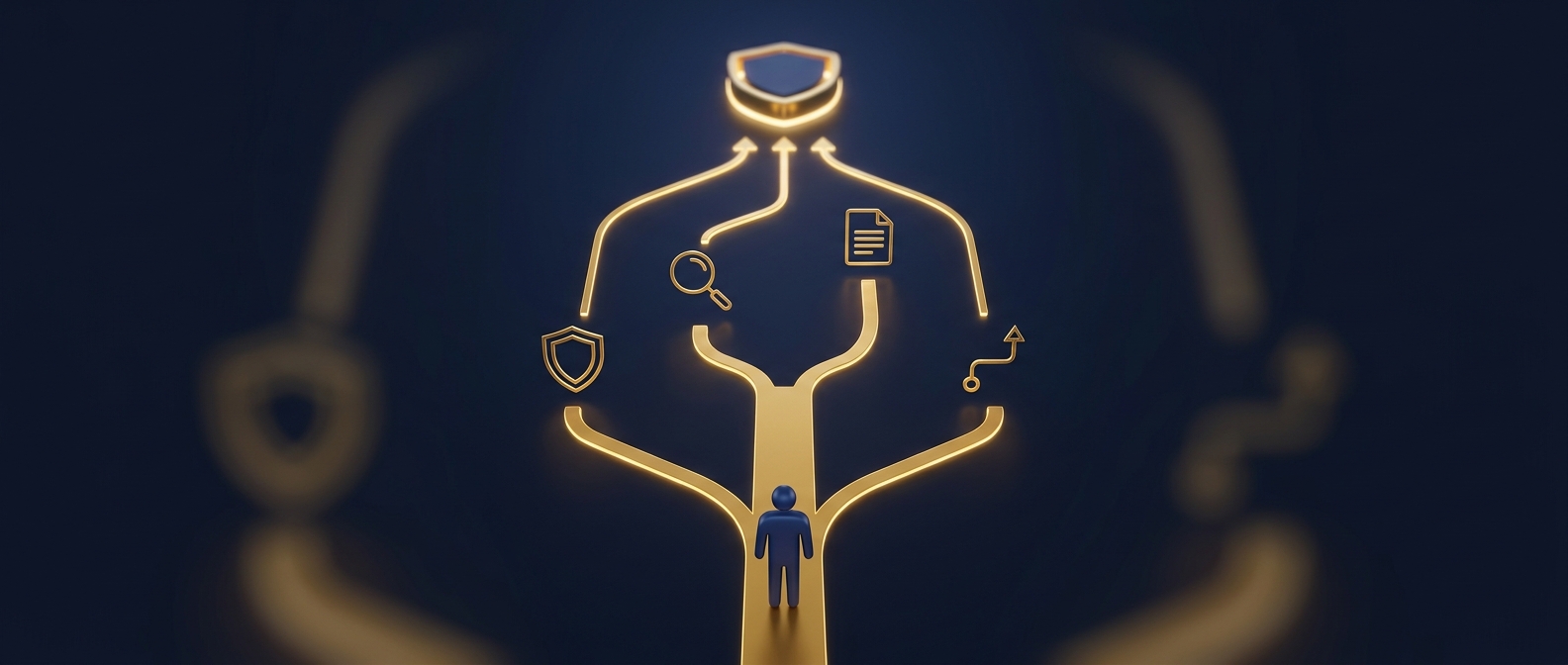 Concept illustration of a decision framework for evaluating executive protection needs, shown as a branching gold pathway with abstract gates rising toward a protected principal in navy and gold