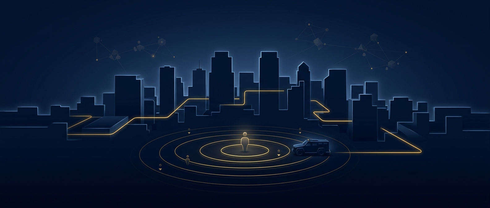 Conceptual illustration of executive protection for a growing Arizona business, showing a protected principal within protective rings against a stylized skyline in navy and gold