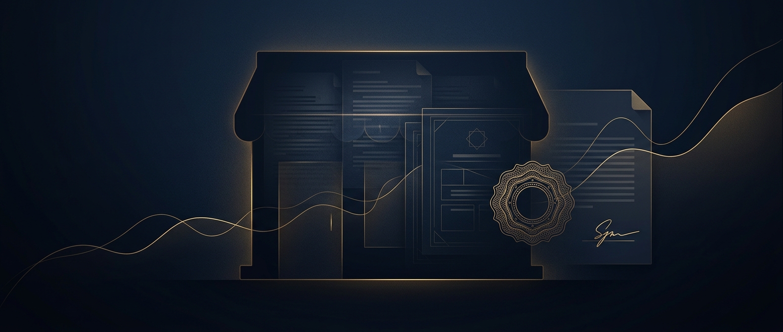 Franchise buyer due diligence investigation concept showing litigation history, trademark verification, and franchisor financial health surfacing before a signing in navy and gold