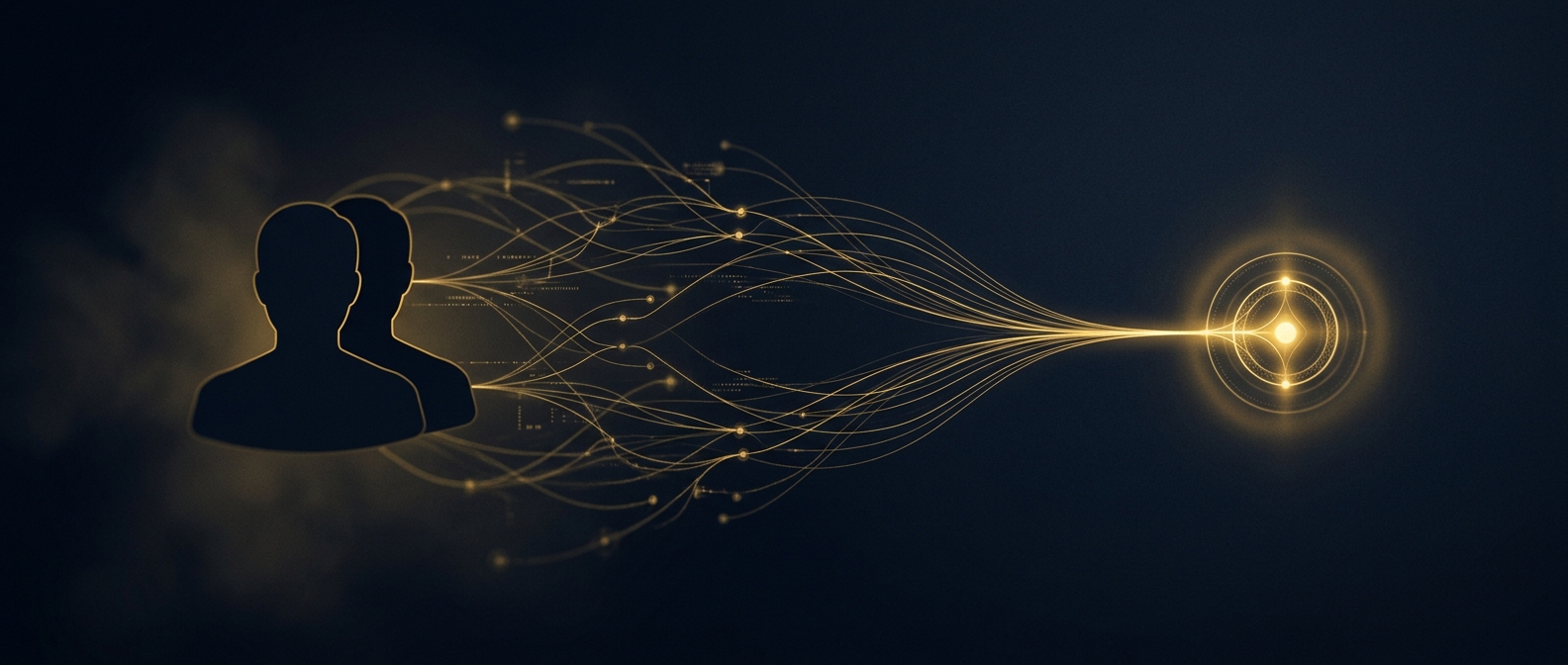 Conceptual visualization of resolving a common-name identity mismatch to the correct verified subject, in navy and gold