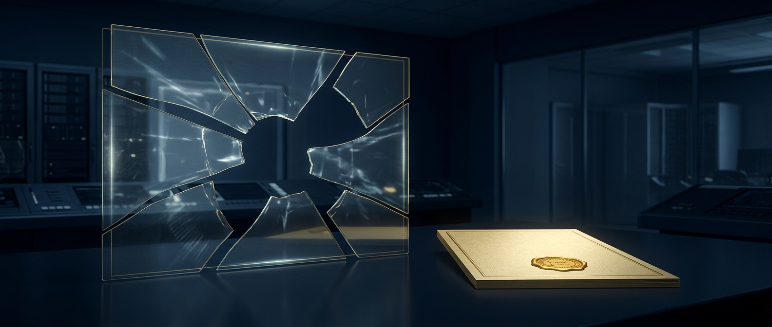 Conceptual illustration contrasting an incomplete DIY background check report with a verified courthouse record, in navy and gold