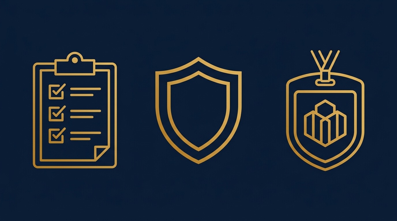 Conceptual checklist and shield icon representing HOA security vendor vetting and program documentation