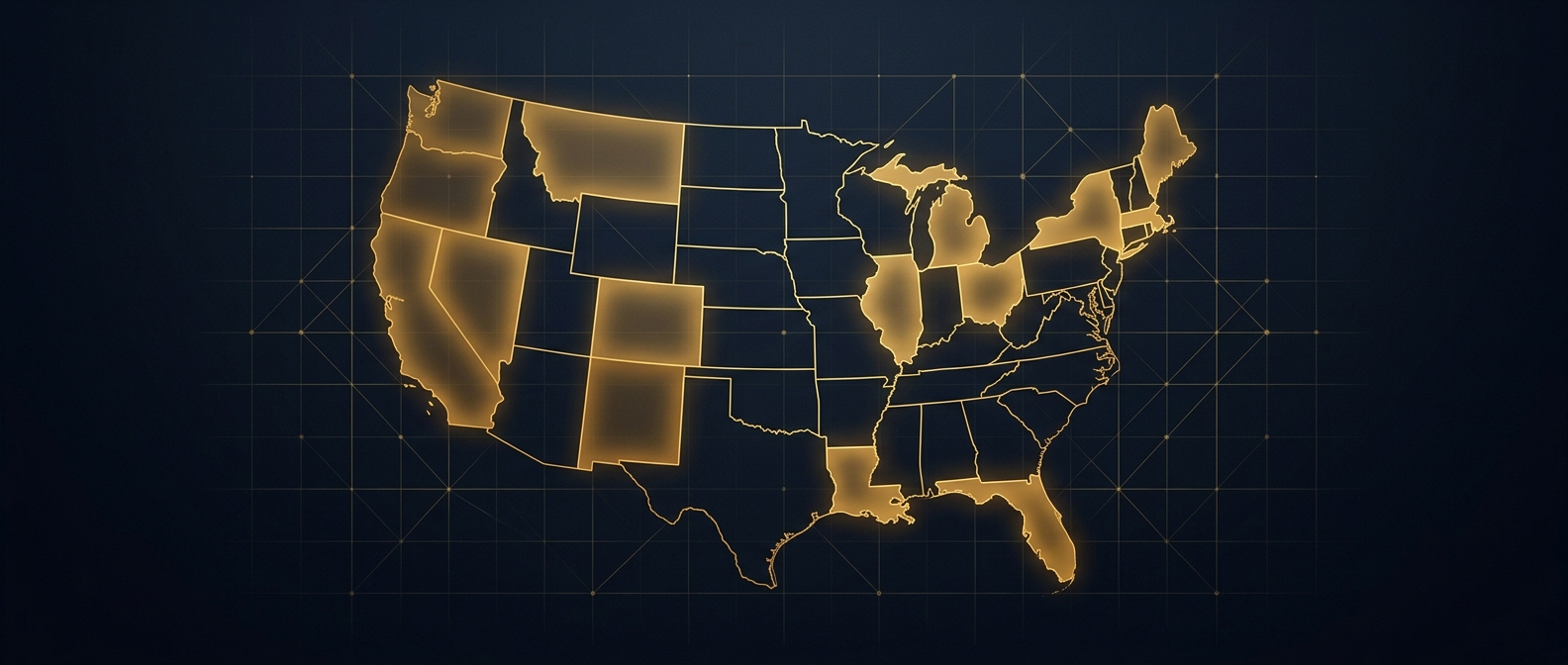 Conceptual image of state-by-state background check lookback variation across the United States, in navy and gold