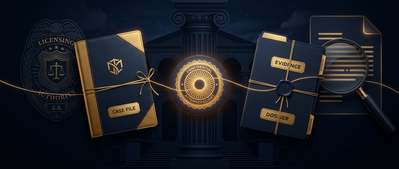 Attorney case file connected to an investigator's evidence dossier under a privilege seal, representing law firms working with private investigators, in navy and gold