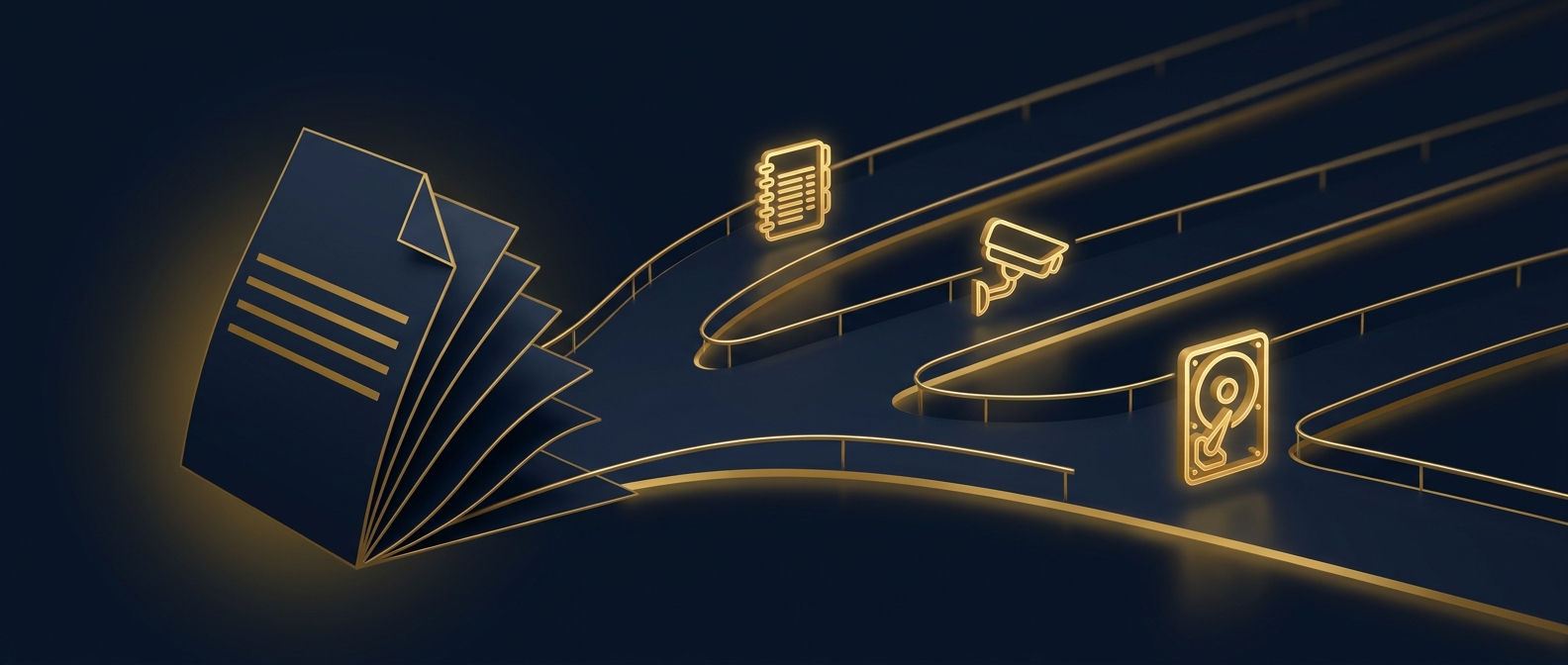 Scope-of-work document branching into records research, surveillance, and forensic collection paths bounded by legal guardrails, in navy and gold