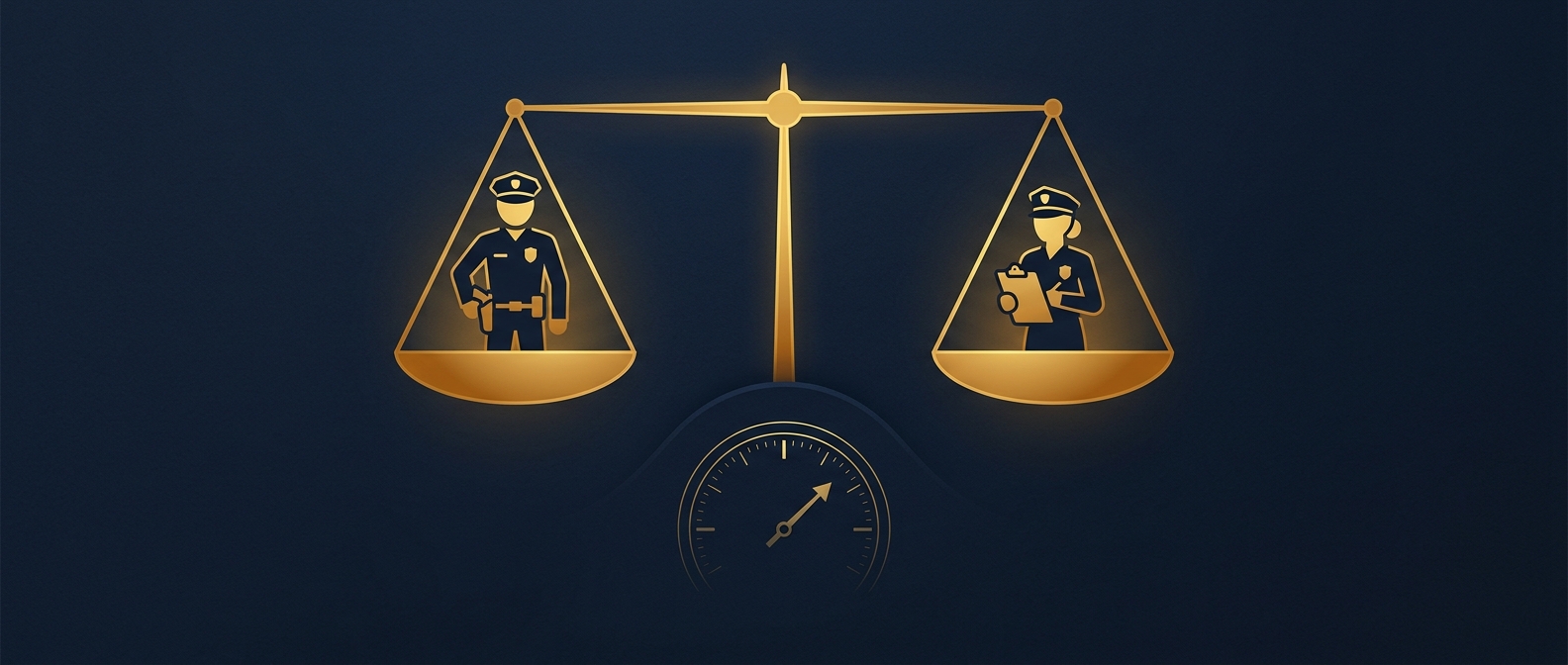 Balance scale weighing armed versus unarmed security guard cost factors in navy and gold