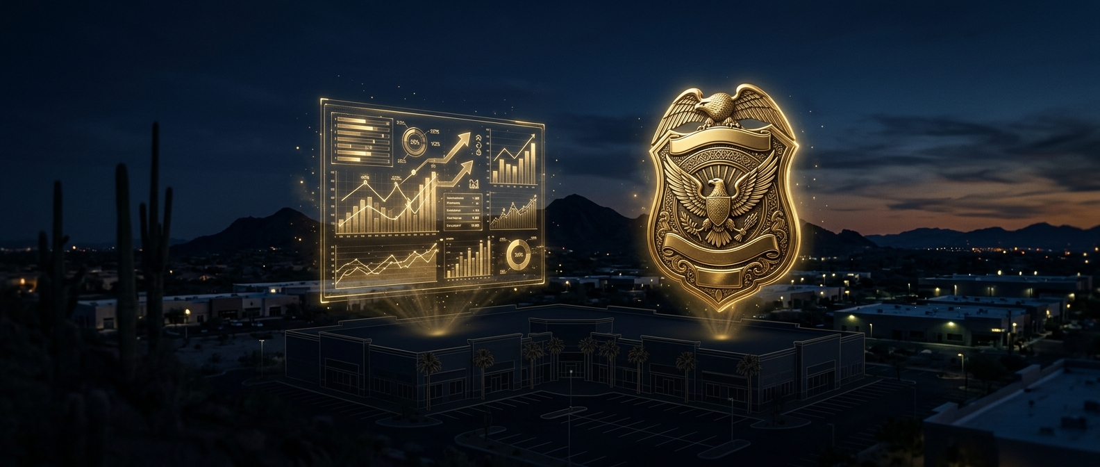 Concept of budgeting the cost of hiring a licensed Arizona security guard company, with a calculator and shield in navy and gold